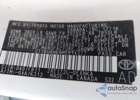 2017 Toyota Corolla Le из США, поврежденный, VIN 2T1BURHE9HC814277